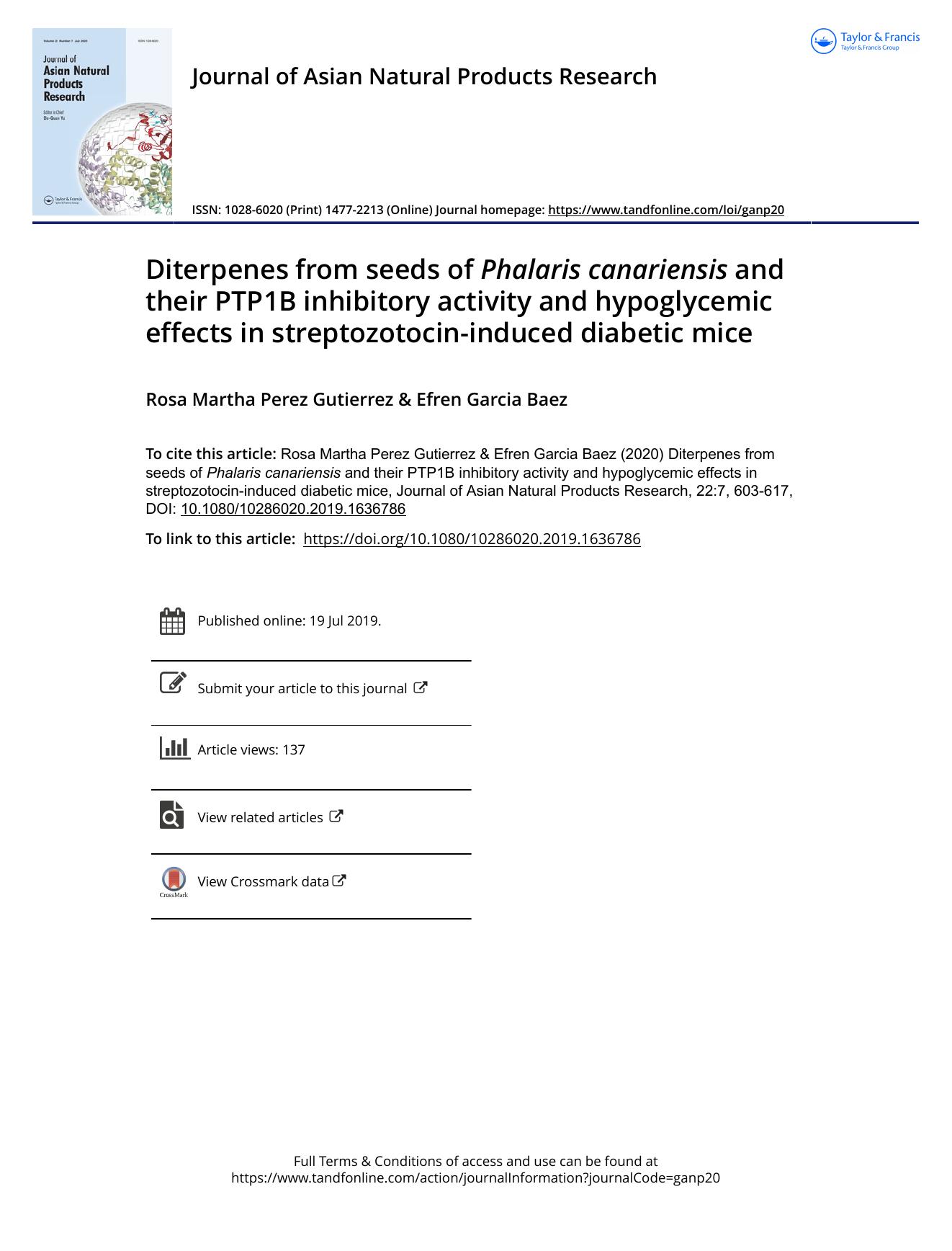 Diterpenes from seeds of Phalaris canariensis and their PTP1B inhibitory activity and hypoglycemic effects in streptozotocin-induced diabetic mice by Perez Gutierrez Rosa Martha & Baez Efren Garcia