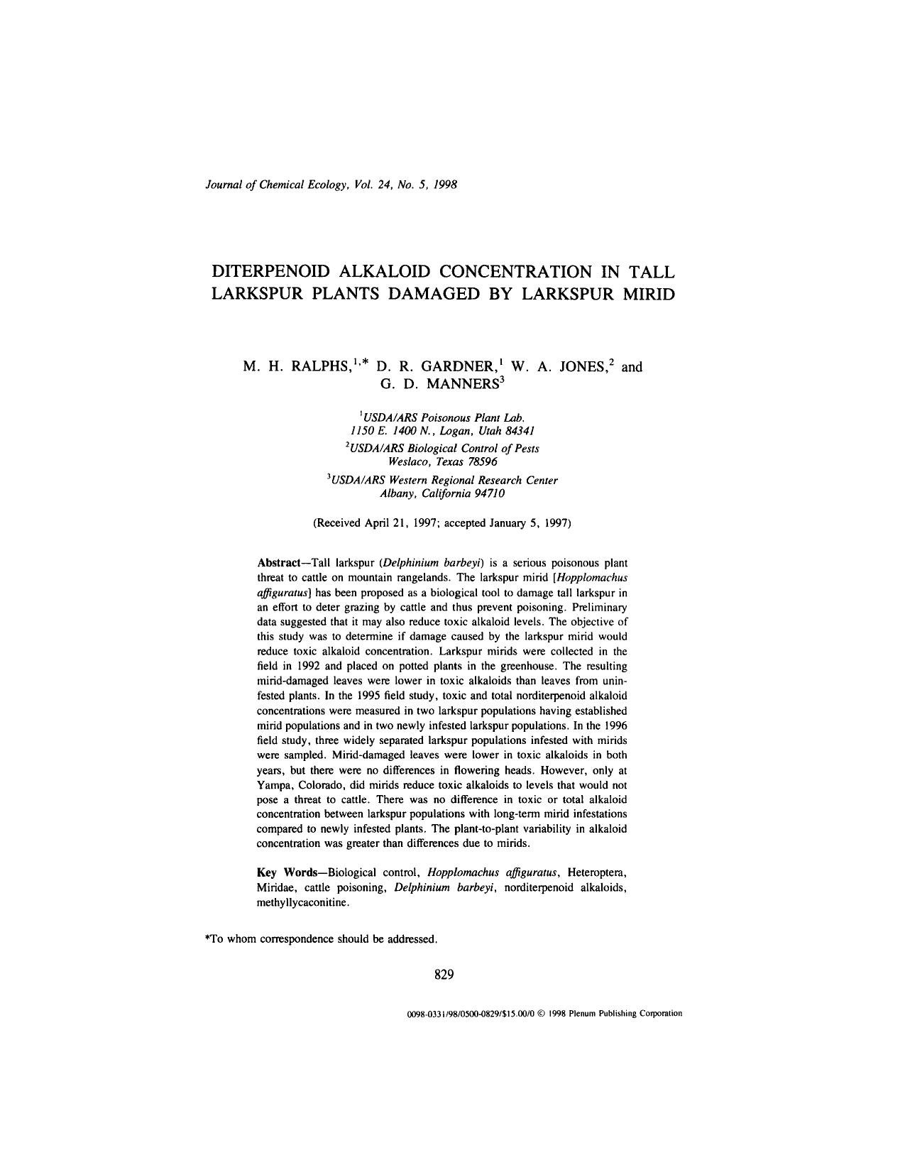 Diterpenoid Alkaloid Concentration in Tall Larkspur Plants Damaged by Larkspur Mirid by Unknown