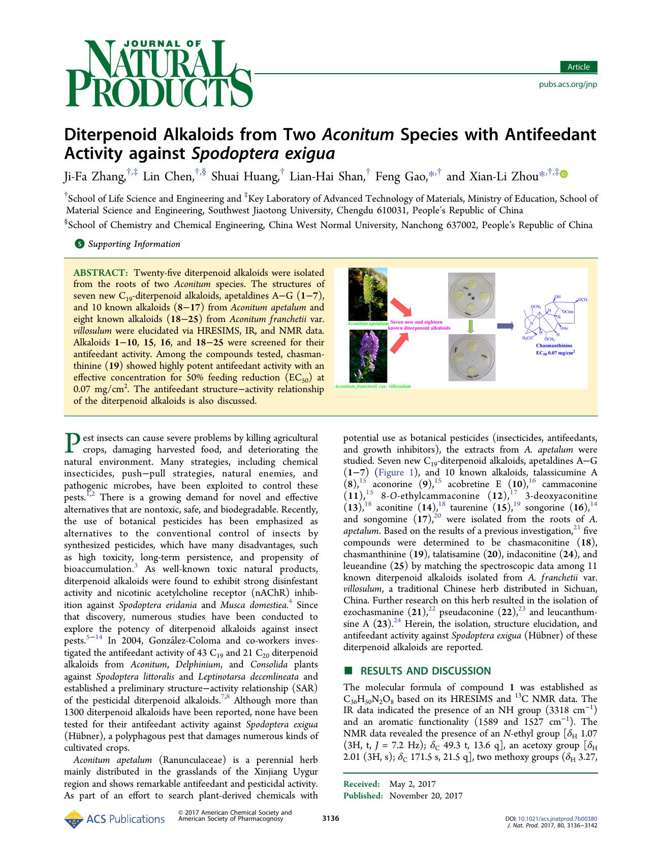 Diterpenoid Alkaloids from Two Aconitum Species with Antifeedant Activity against Spodoptera exigua by Ji-Fa Zhang Lin Chen Shuai Huang Lian-Hai Shan Feng Gao & Xian-Li Zhou