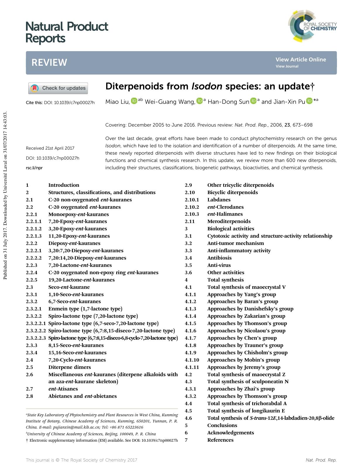 Diterpenoids from Isodon species: an update by Miao Liu & Wei-Guang Wang & Han-Dong Sun & Jian-Xin Pu