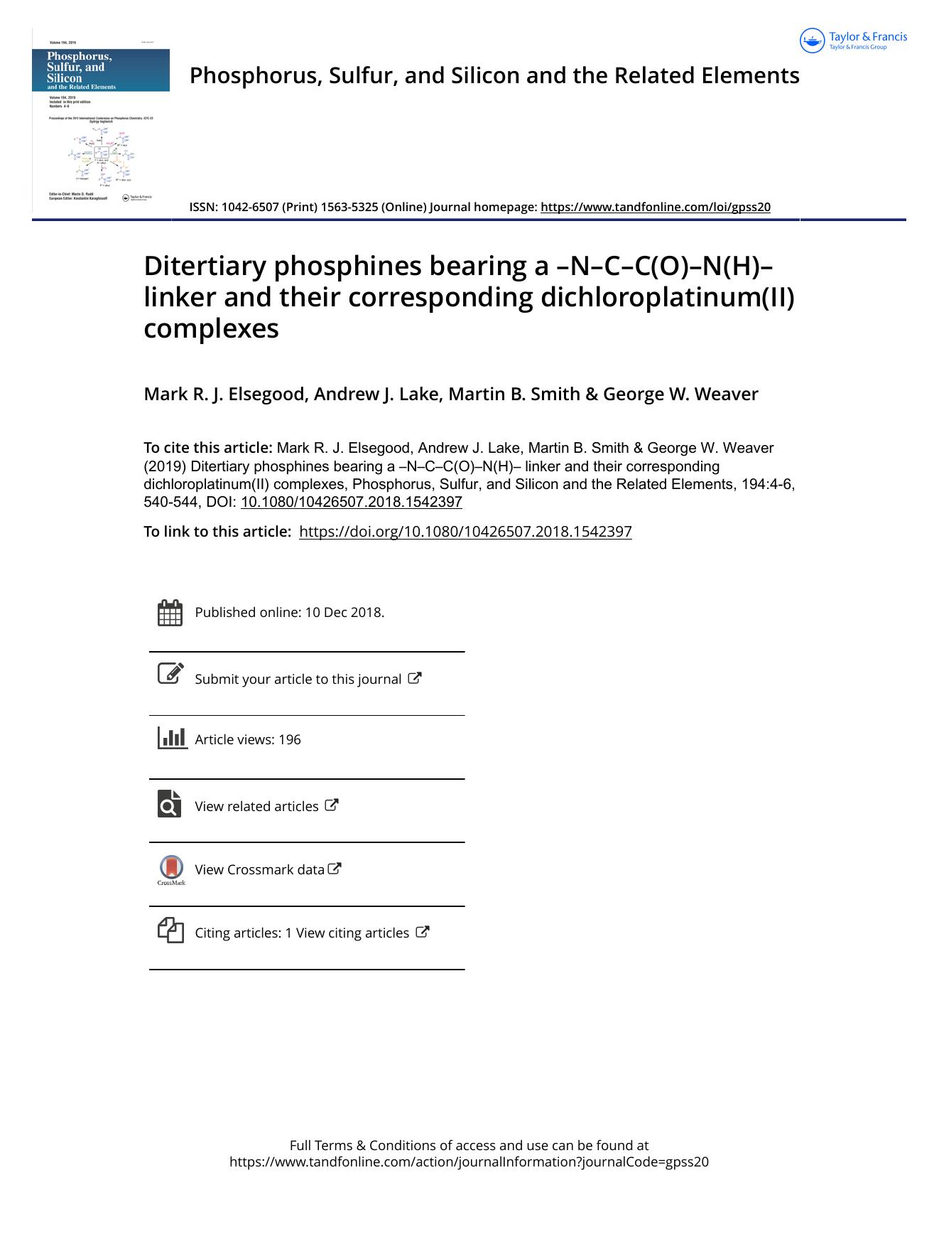 Ditertiary phosphines bearing a âNâCâC(O)âN(H)â linker and their corresponding dichloroplatinum(II) complexes by Elsegood Mark R. J. & Lake Andrew J. & Smith Martin B. & Weaver George W