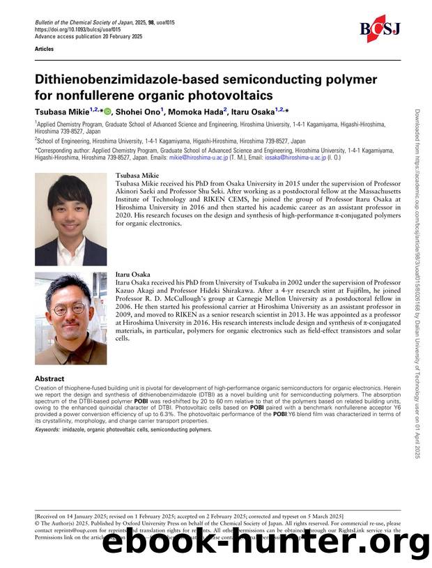 Dithienobenzimidazole-based semiconducting polymer for nonfullerene organic photovoltaics by Tsubasa Mikie & Shohei Ono & Momoka Hada & Itaru Osaka