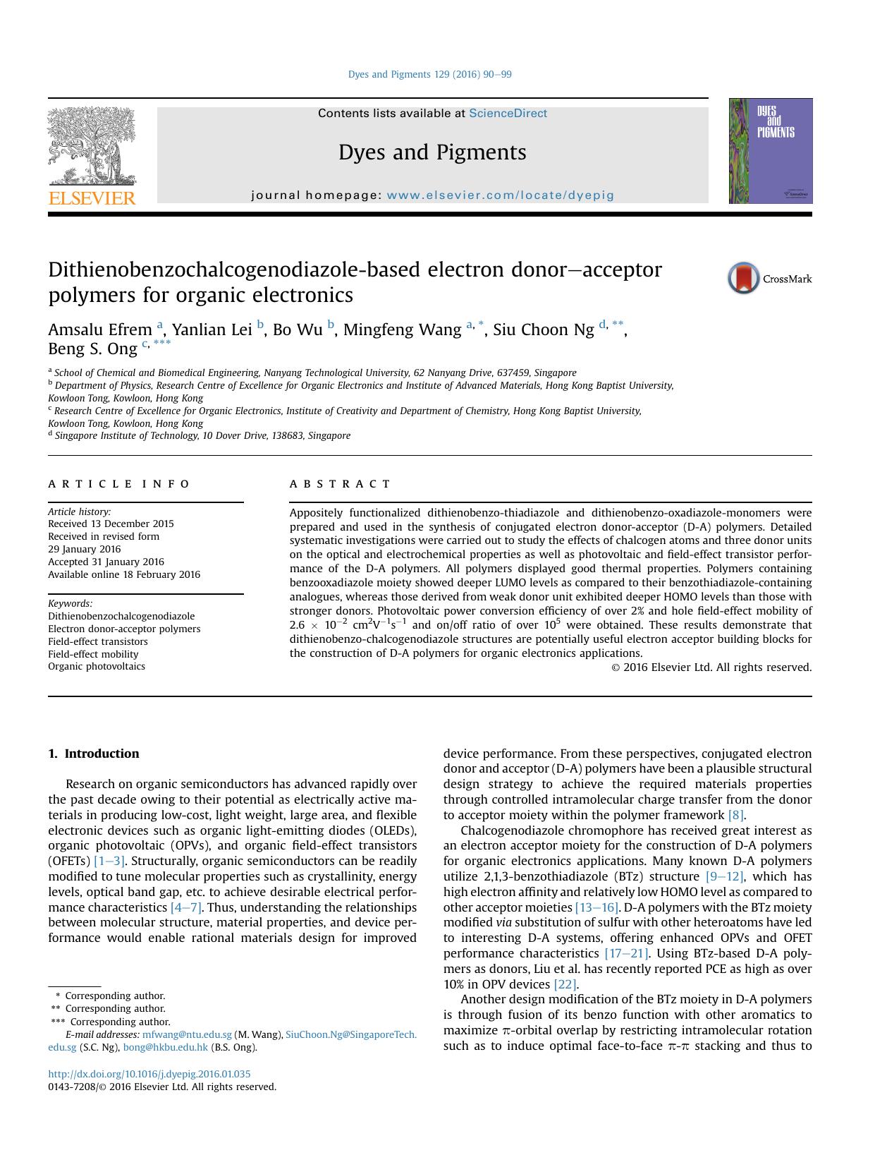 Dithienobenzochalcogenodiazole-based electron donor-acceptor polymers for organic electronics by Amsalu Efrem & Yanlian Lei & Bo Wu & Mingfeng Wang & Siu Choon Ng & Beng S. Ong