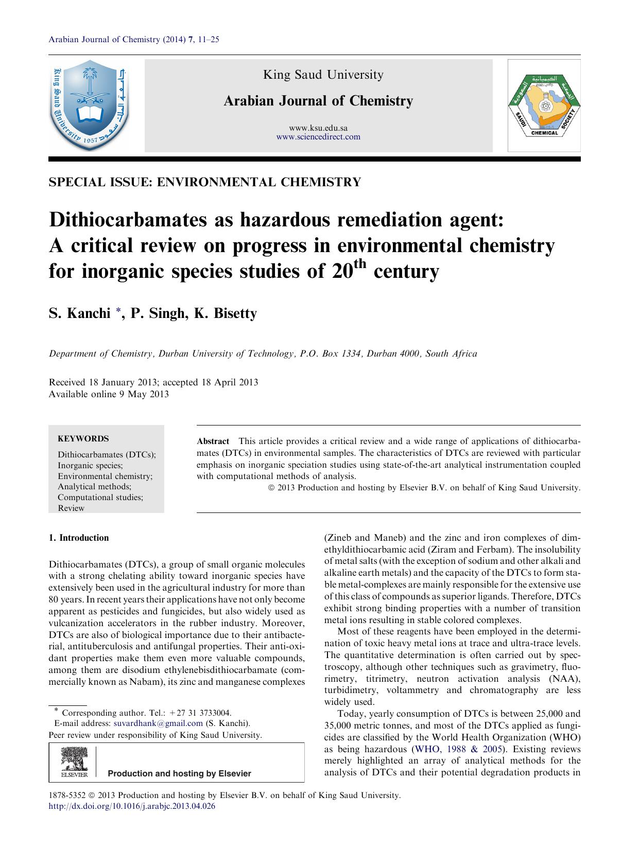 Dithiocarbamates as hazardous remediation agent: A critical review on progress in environmental chemistry for inorganic species studies of 20th century by S. Kanchi & P. Singh & K. Bisetty