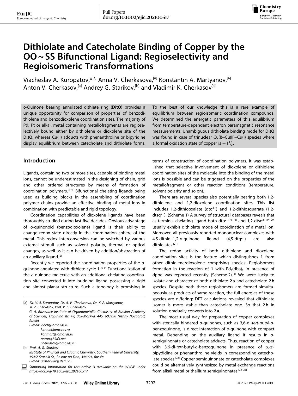 Dithiolate and Catecholate Binding of Copper by the OOâ¼SS Bifunctional Ligand: Regioselectivity and Regioisomeric Transformations by Unknown