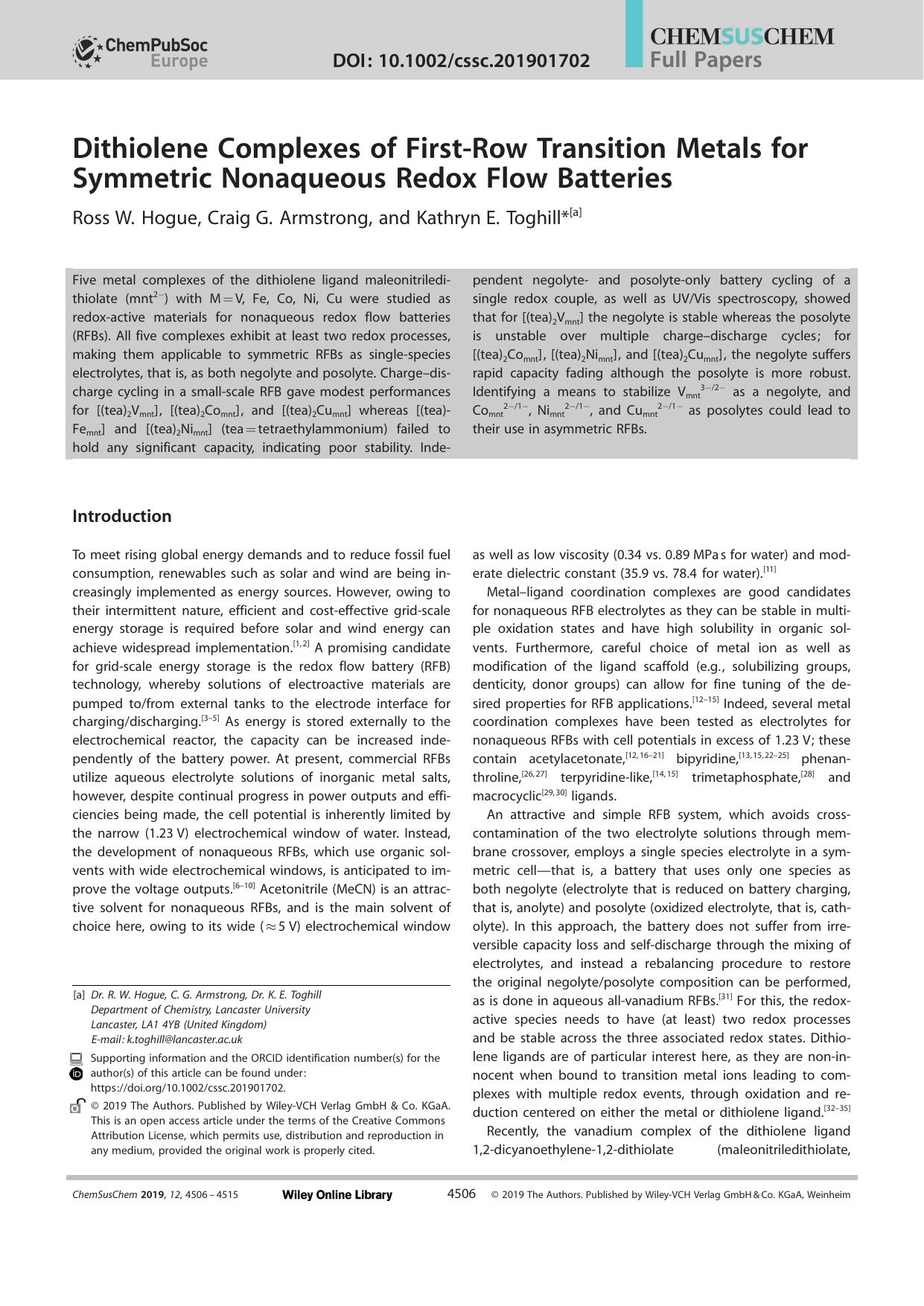 Dithiolene Complexes of FirstâRow Transition Metals for Symmetric Nonaqueous Redox Flow Batteries by Unknown