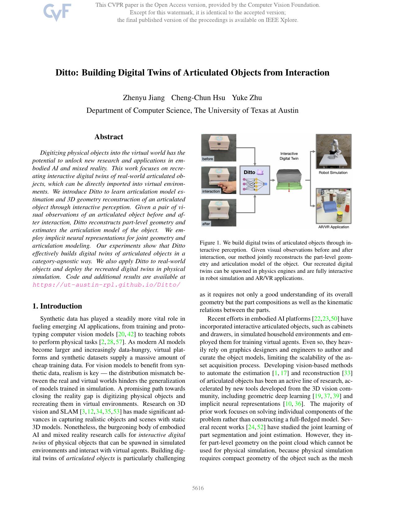 Ditto: Building Digital Twins of Articulated Objects From Interaction by Zhenyu Jiang & Cheng-Chun Hsu & Yuke Zhu