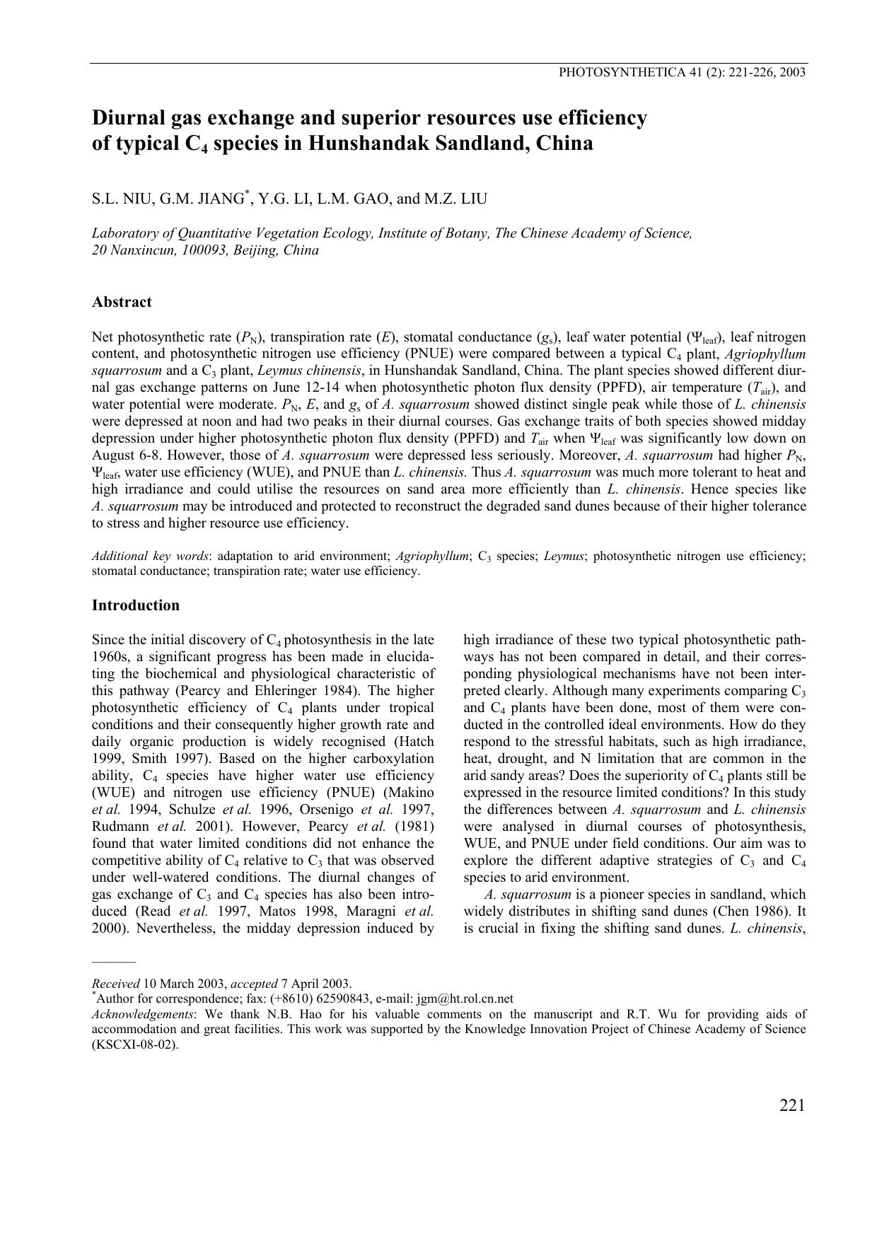 Diurnal Gas Exchange and Superior Resources Use Efficiency of Typical C<Subscript>4<Subscript> Species in Hunshandak Sandland, China by Unknown
