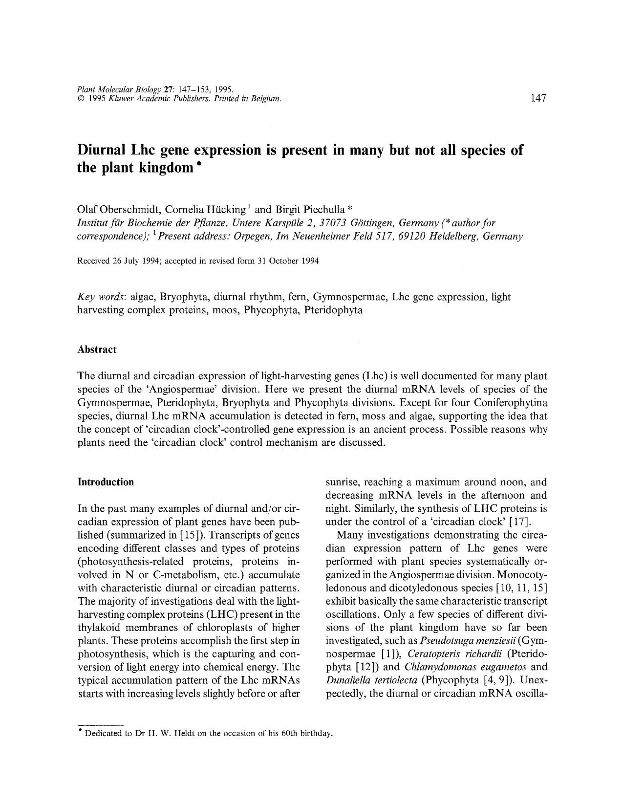 Diurnal Lhc gene expression is present in many but not all species of the plant kingdom by Unknown