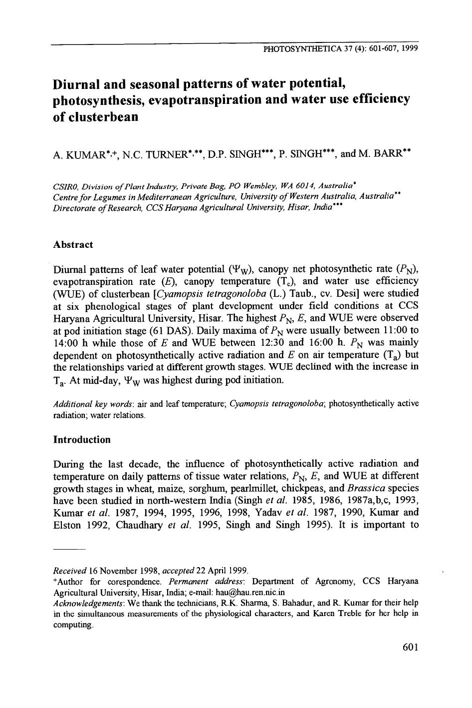 Diurnal and Seasonal Patterns of Water Potential, Photosynthesis, Evapotranspiration and Water Use Efficiency of Clusterbean by Unknown