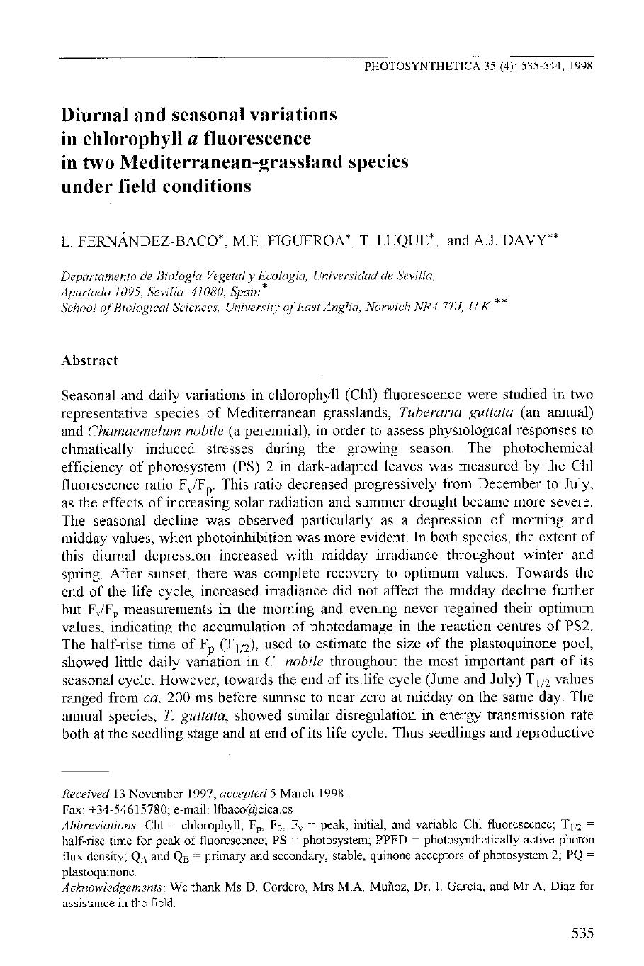 Diurnal and Seasonal Variations in Chlorophyll a Fluorescence in Two Mediterranean-Grassland Species Under Field Conditions by Unknown