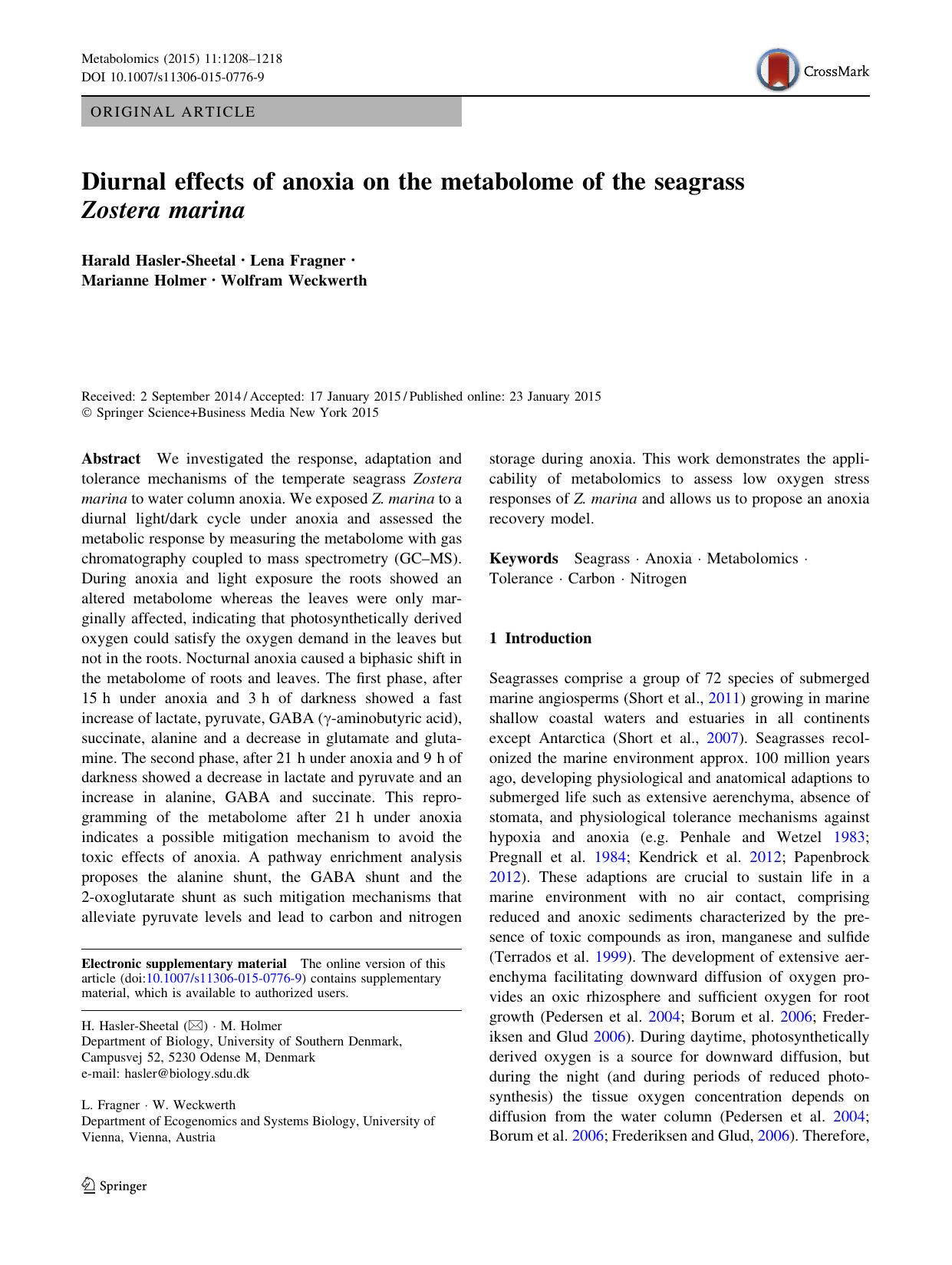 Diurnal effects of anoxia on the metabolome of the seagrass Zostera marina by Harald Hasler-Sheetal & Lena Fragner & Marianne Holmer & Wolfram Weckwerth