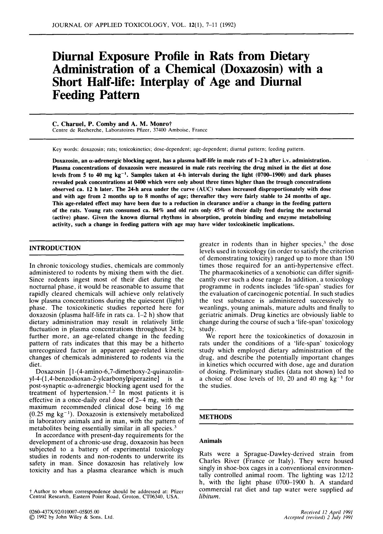 Diurnal exposure profile in rats from dietary administration of a chemical (doxazosin) with a short half-life: Interplay of age and diurnal feeding pattern by Unknown