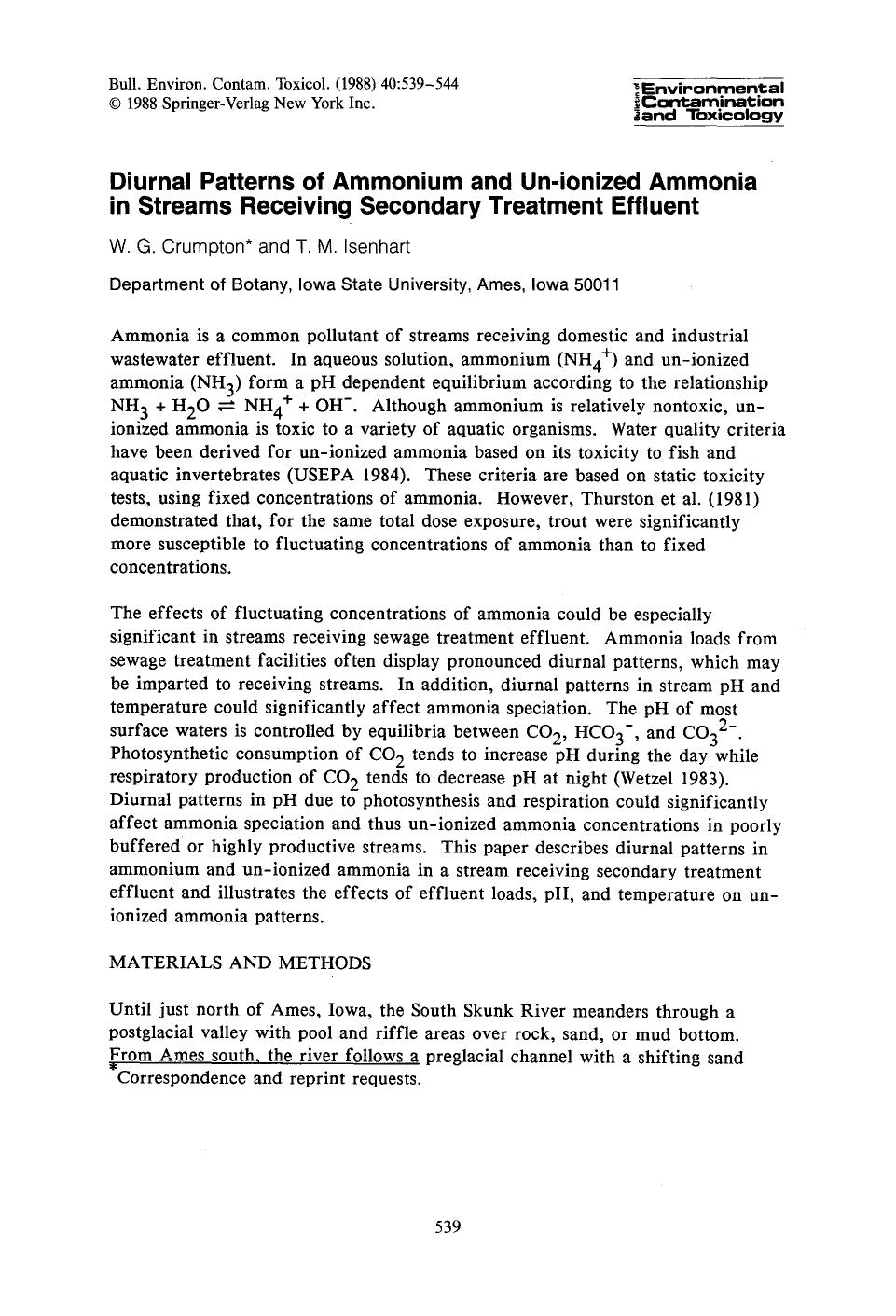 Diurnal patterns of ammonium and un-ionized ammonia in streams receiving secondary treatment effluent by Unknown