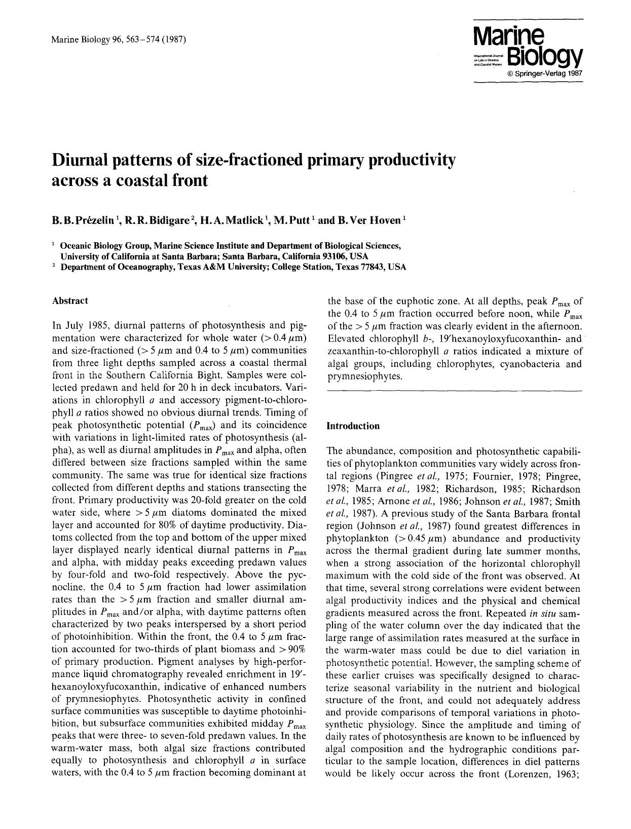 Diurnal patterns of size-fractioned primary productivity across a coastal front by Unknown