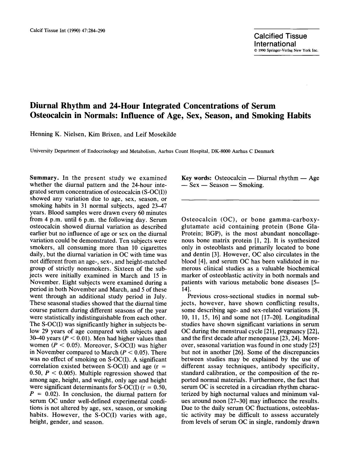 Diurnal rhythm and 24-hour integrated concentrations of serum osteocalcin in normals: Influence of age, sex, season, and smoking habits by Unknown