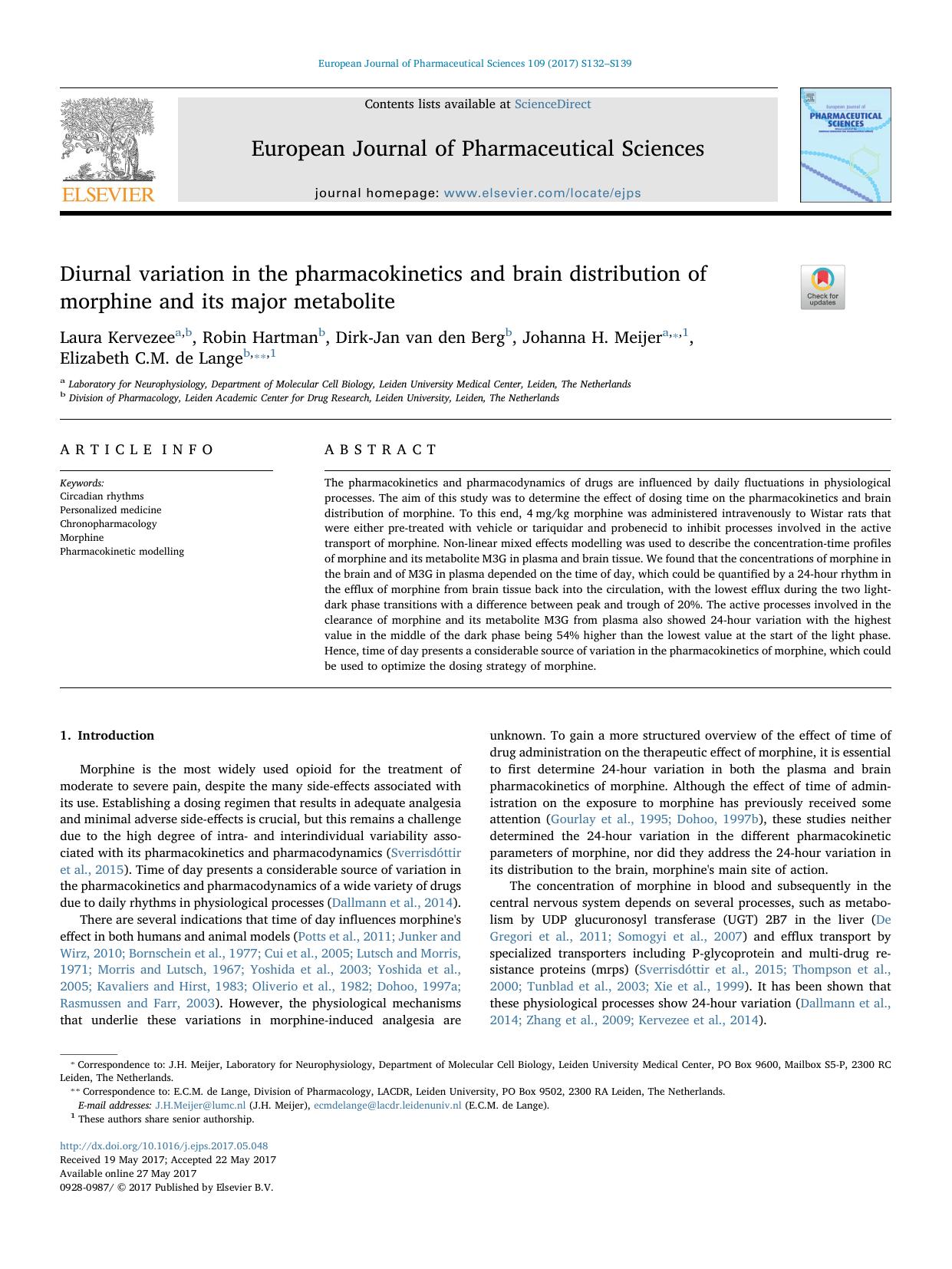 Diurnal variation in the pharmacokinetics and brain distribution of morphine and its major metabolite by Laura Kervezee & Robin Hartman & Dirk-Jan van den Berg & Johanna H. Meijer & Elizabeth C.M. de Lange