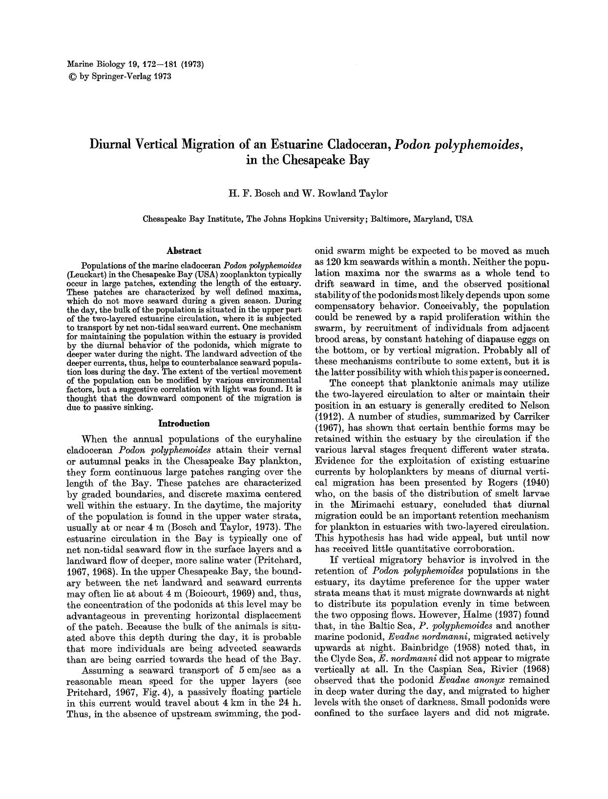Diurnal vertical migration of an estuarine cladoceran, <Emphasis Type="Italic">Podon polyphemoides<Emphasis>, in the Chesapeake Bay by Unknown