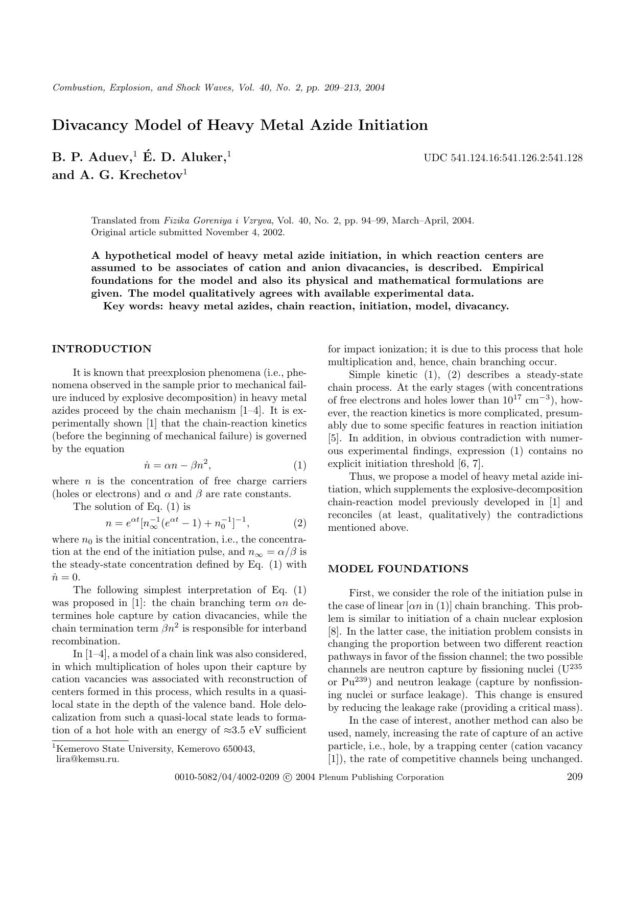 Divacancy Model of Heavy Metal Azide Initiation by Unknown