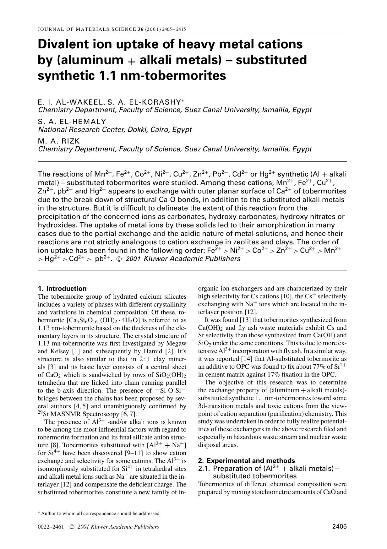 Divalent ion uptake of heavy metal cations by (aluminum + alkali metals) &#x2013; substituted synthetic 1.1 nm-tobermorites by Unknown