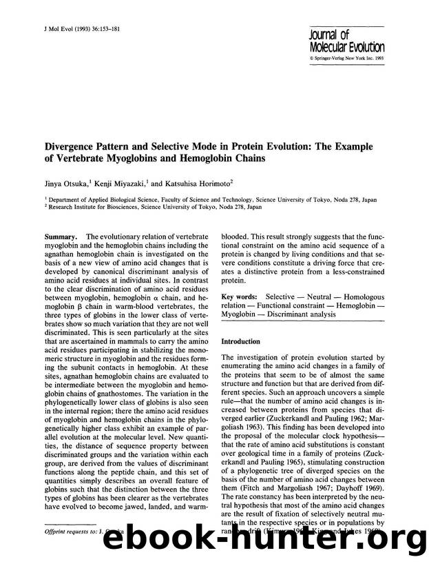 Divergence pattern and selective mode in protein evolution: The example of vertebrate myoglobins and hemoglobin chains by Unknown