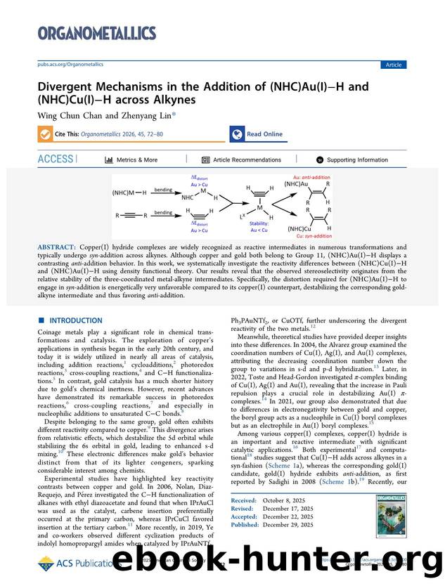Divergent Mechanisms in the Addition of (NHC)Au(I)âH and (NHC)Cu(I)âH across Alkynes by Wing Chun Chan and Zhenyang Lin