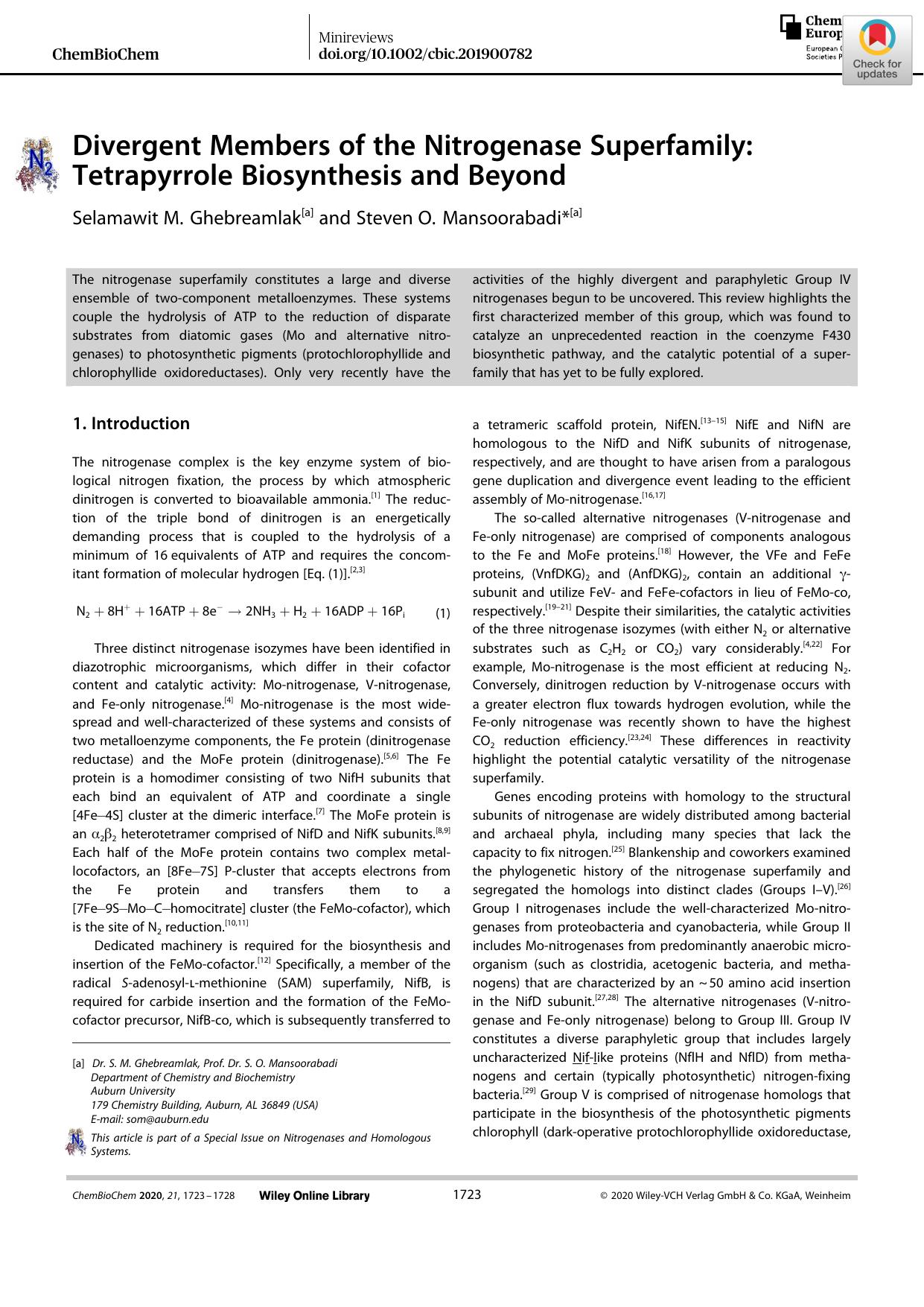 Divergent Members of the Nitrogenase Superfamily: Tetrapyrrole Biosynthesis and Beyond by Unknown