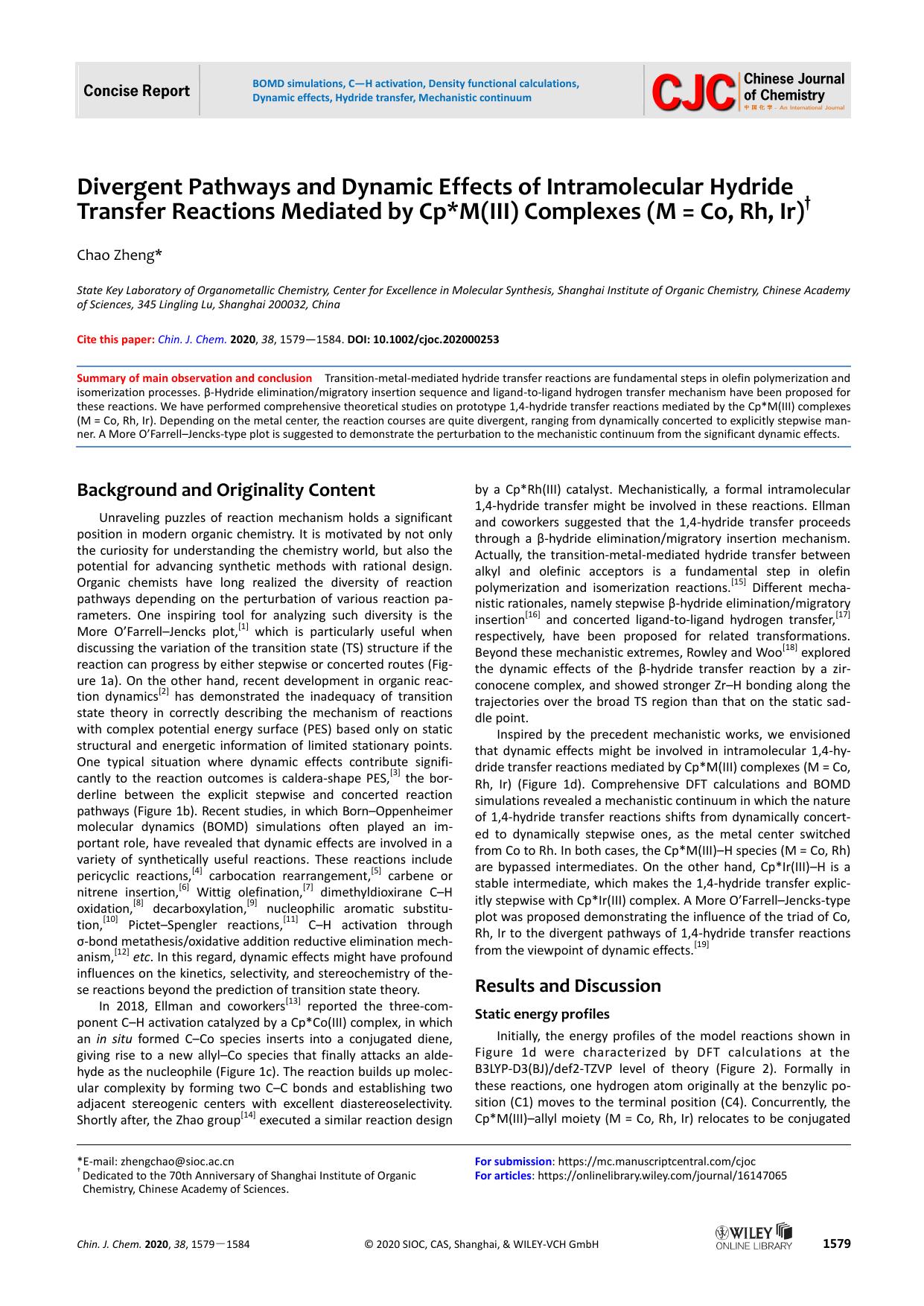 Divergent Pathways and Dynamic Effects of Intramolecular Hydride Transfer Reactions Mediated by Cp*M(III) Complexes (M = Co, Rh, Ir) by zhengchao