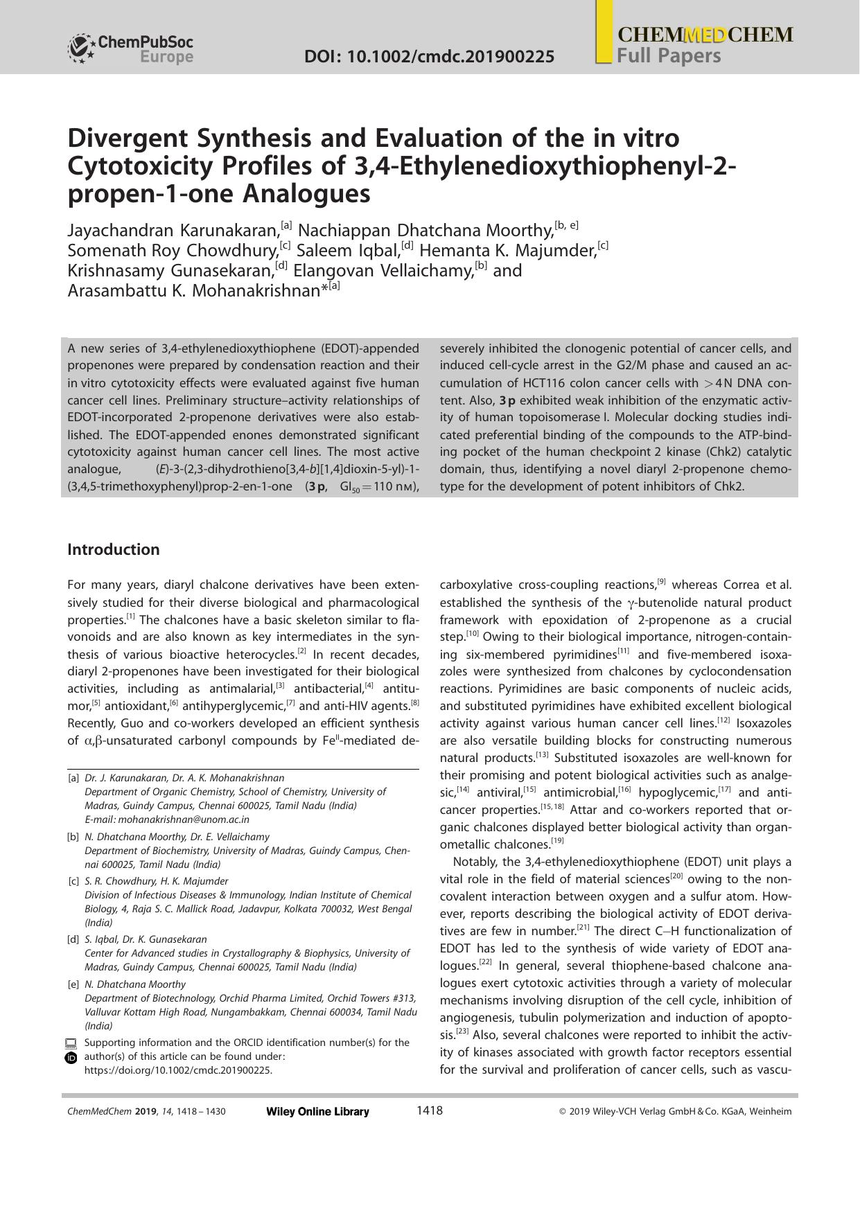 Divergent Synthesis and Evaluation of the inâvitro Cytotoxicity Profiles of 3,4âEthylenedioxythiophenylâ2âpropenâ1âone Analogues by Unknown