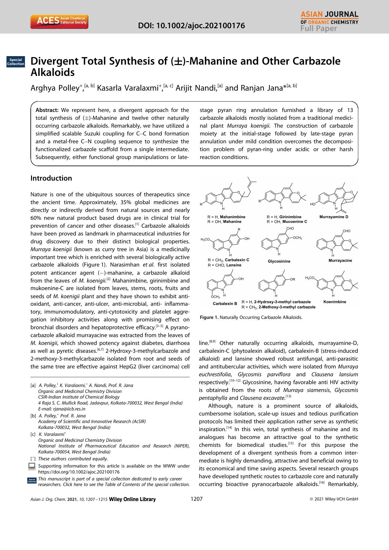 Divergent Total Synthesis of (Â±)âMahanine and Other Carbazole Alkaloids by Unknown