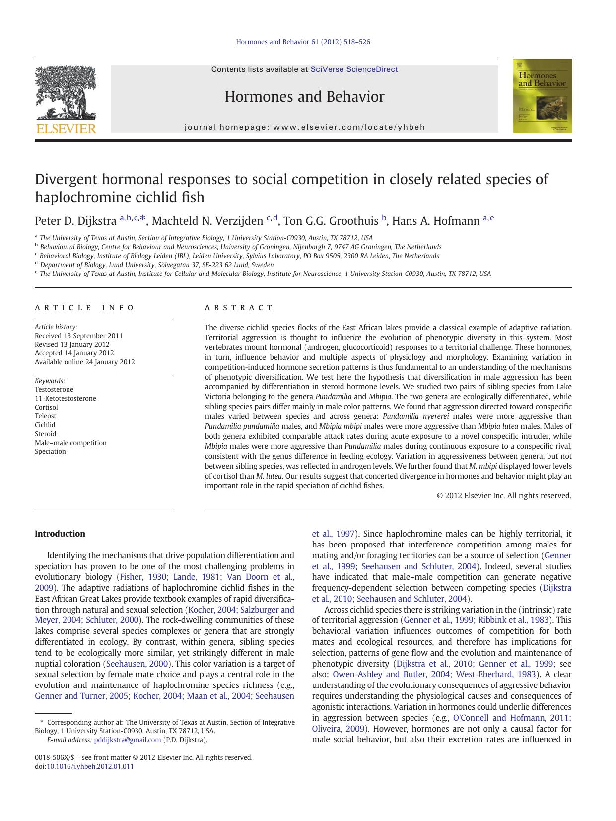 Divergent hormonal responses to social competition in closely related species of haplochromine cichlid fish by Peter D. Dijkstra & Machteld N. Verzijden & Ton G.G. Groothuis & Hans A. Hofmann