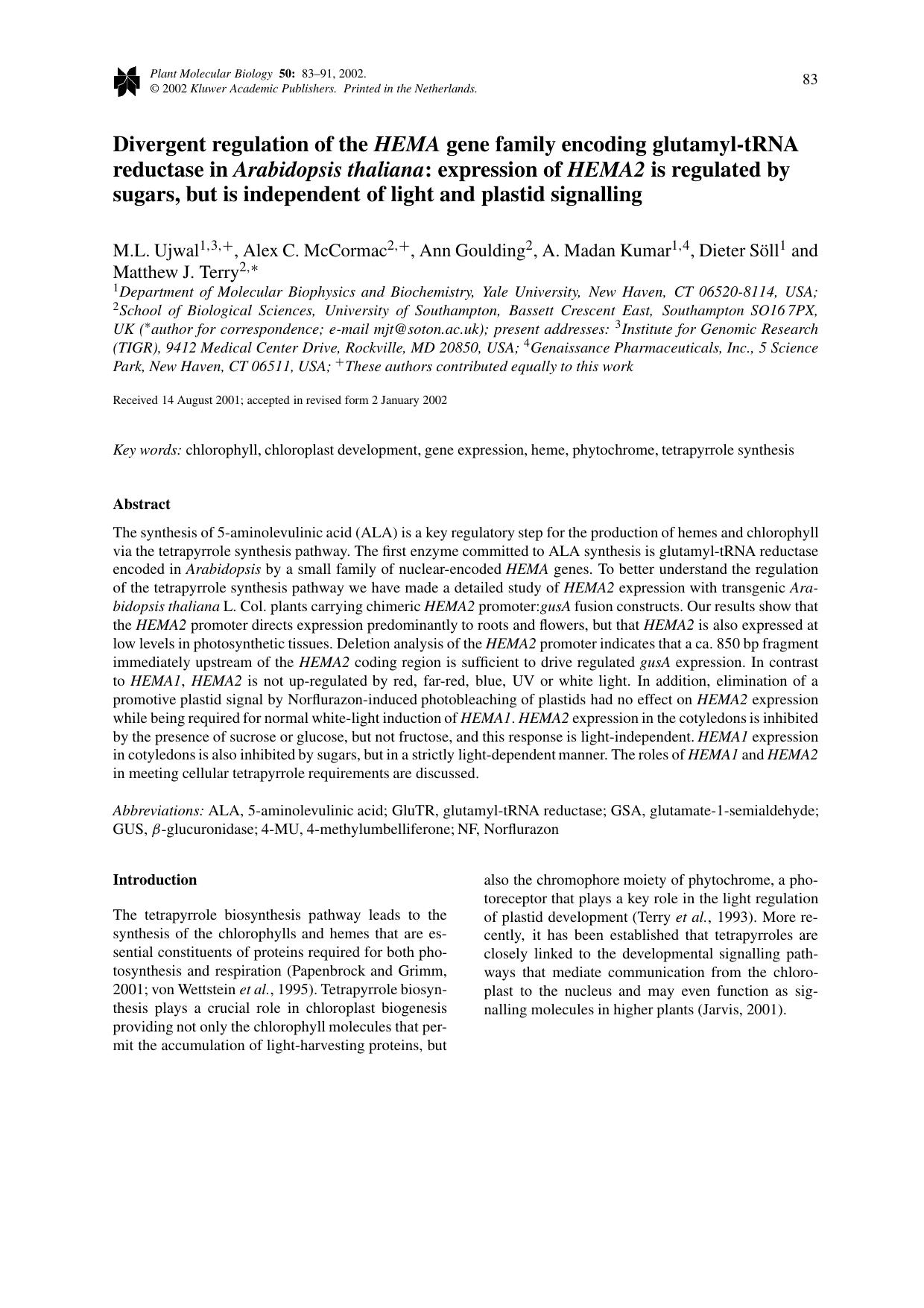 Divergent regulation of the <Emphasis Type="Italic">HEMA<Emphasis> gene family encoding glutamyl-tRNA reductase in <Emphasis Type="Italic">Arabidopsis thaliana<Emphasis>: expressio by Unknown