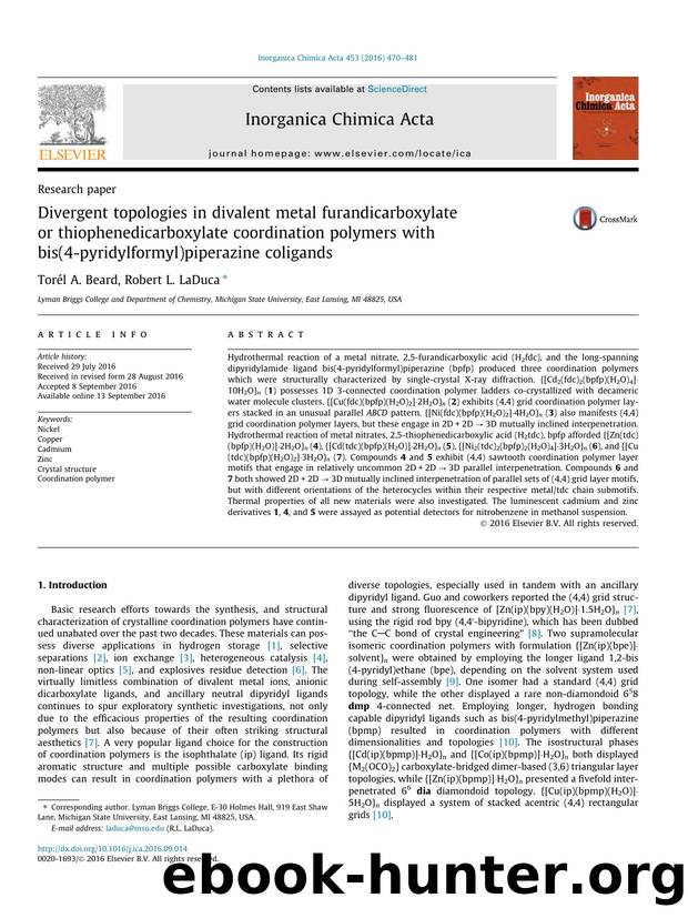 Divergent topologies in divalent metal furandicarboxylate or thiophenedicarboxylate coordination polymers with bis(4-pyridylformyl)piperazine coligands by TorÃ©l A. Beard & Robert L. LaDuca