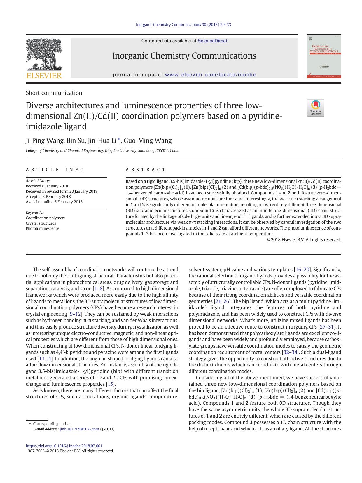 Diverse architectures and luminescence properties of three low-dimensional Zn(II)Cd(II) coordination polymers based on a pyridine-imidazole ligand by Unknown