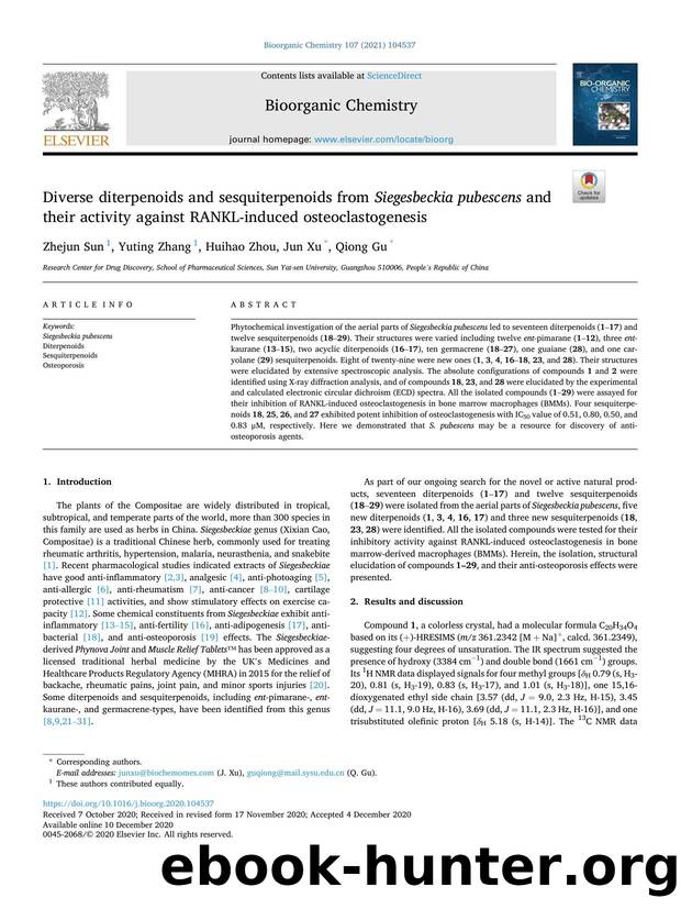 Diverse diterpenoids and sesquiterpenoids from Siegesbeckia pubescens and their activity against RANKL-induced osteoclastogenesis by Zhejun Sun & Yuting Zhang & Huihao Zhou & Jun Xu & Qiong Gu