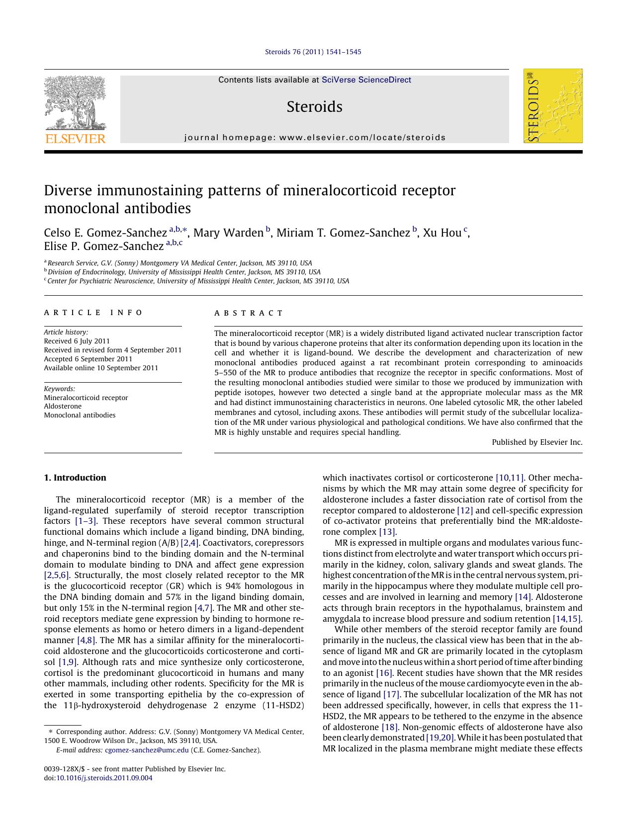 Diverse immunostaining patterns of mineralocorticoid receptor monoclonal antibodies by Celso E. Gomez-Sanchez & Mary Warden & Miriam T. Gomez-Sanchez & Xu Hou & Elise P. Gomez-Sanchez