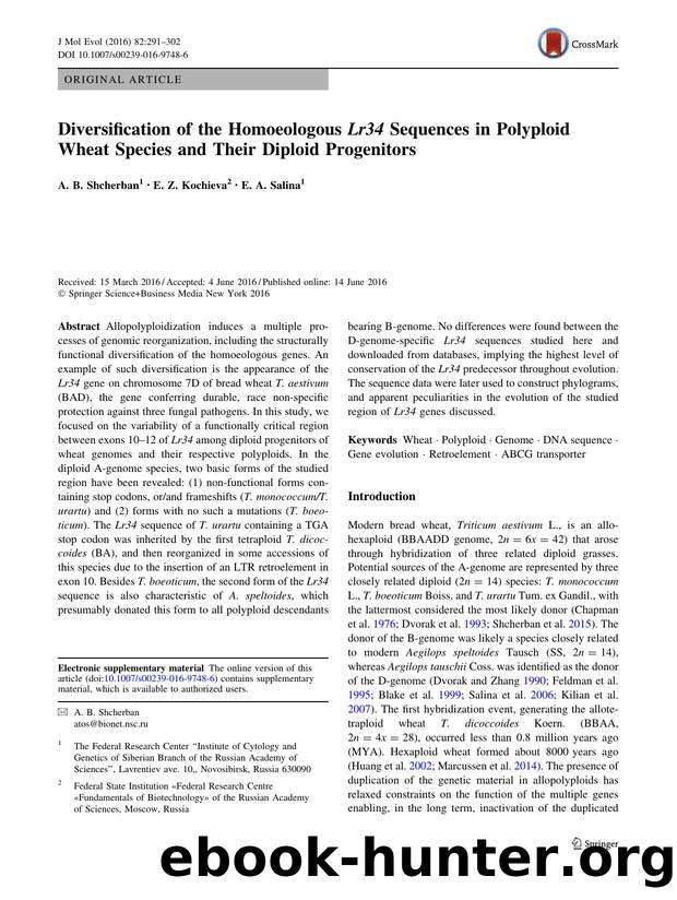 Diversification of the Homoeologous Lr34 Sequences in Polyploid Wheat Species and Their Diploid Progenitors by A. B. Shcherban & E. Z. Kochieva & E. A. Salina
