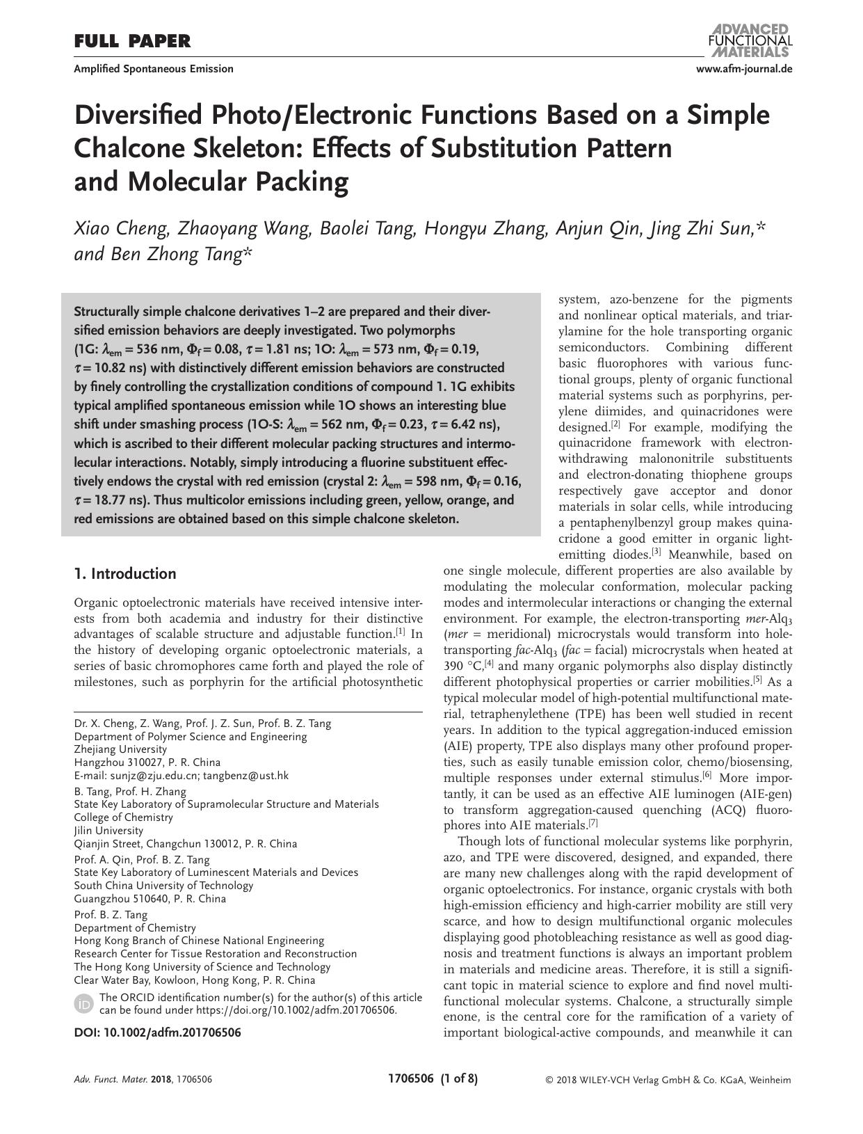 Diversified PhotoElectronic Functions Based on a Simple Chalcone Skeleton: Effects of Substitution Pattern and Molecular Packing by Unknown