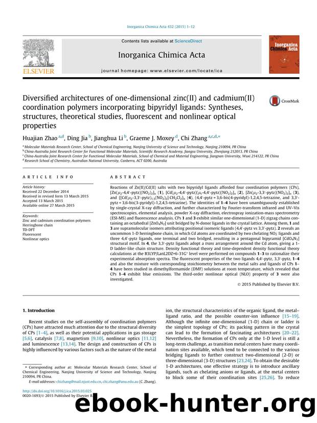 Diversified architectures of one-dimensional zinc(II) and cadmium(II) coordination polymers incorporating bipyridyl ligands: Syntheses, structures, theoretical studies, fluorescent by Huajian Zhao & Ding Jia & Jianghua Li & Graeme J. Moxey & Chi Zhang