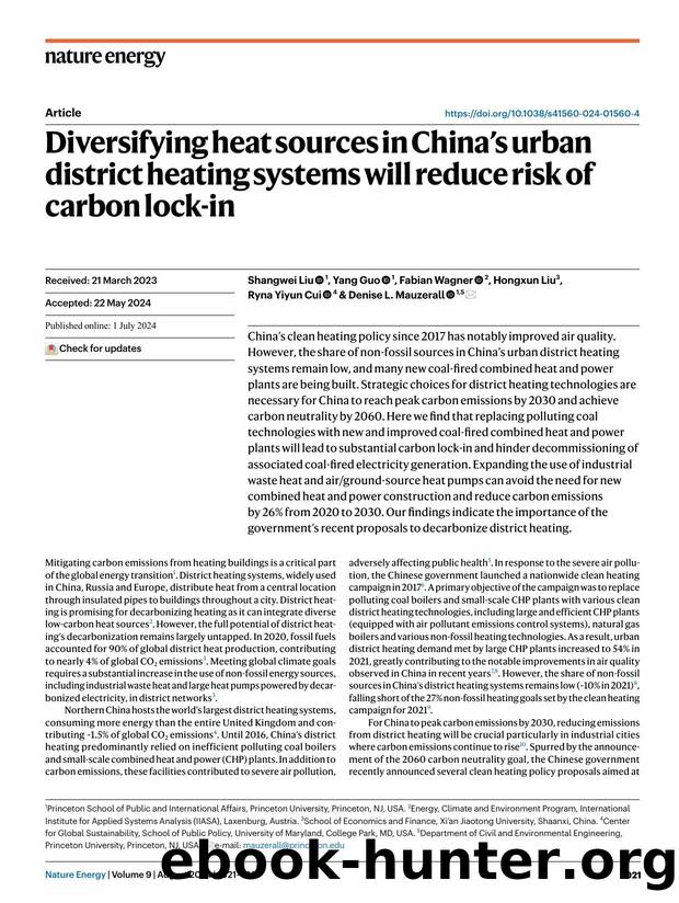 Diversifying heat sources in Chinaâs urban district heating systems will reduce risk of carbon lock-in by Shangwei Liu & Yang Guo & Fabian Wagner & Hongxun Liu & Ryna Yiyun Cui & Denise L. Mauzerall