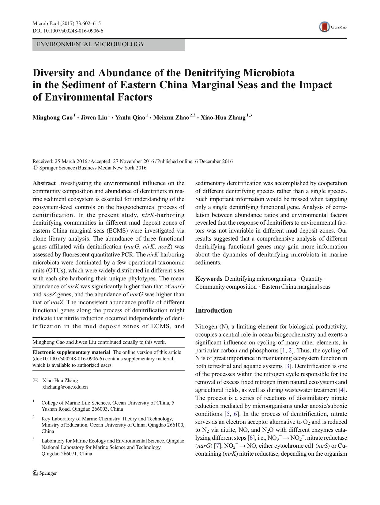 Diversity and Abundance of the Denitrifying Microbiota in the Sediment of Eastern China Marginal Seas and the Impact of Environmental Factors by Minghong Gao & Jiwen Liu & Yanlu Qiao & Meixun Zhao & Xiao-Hua Zhang