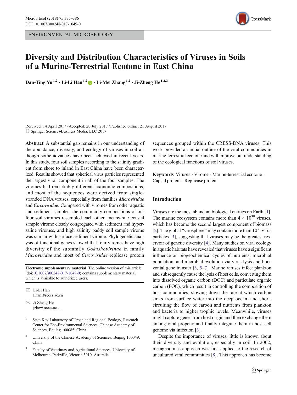 Diversity and Distribution Characteristics of Viruses in Soils of a Marine-Terrestrial Ecotone in East China by Dan-Ting Yu & Li-Li Han & Li-Mei Zhang & Ji-Zheng He