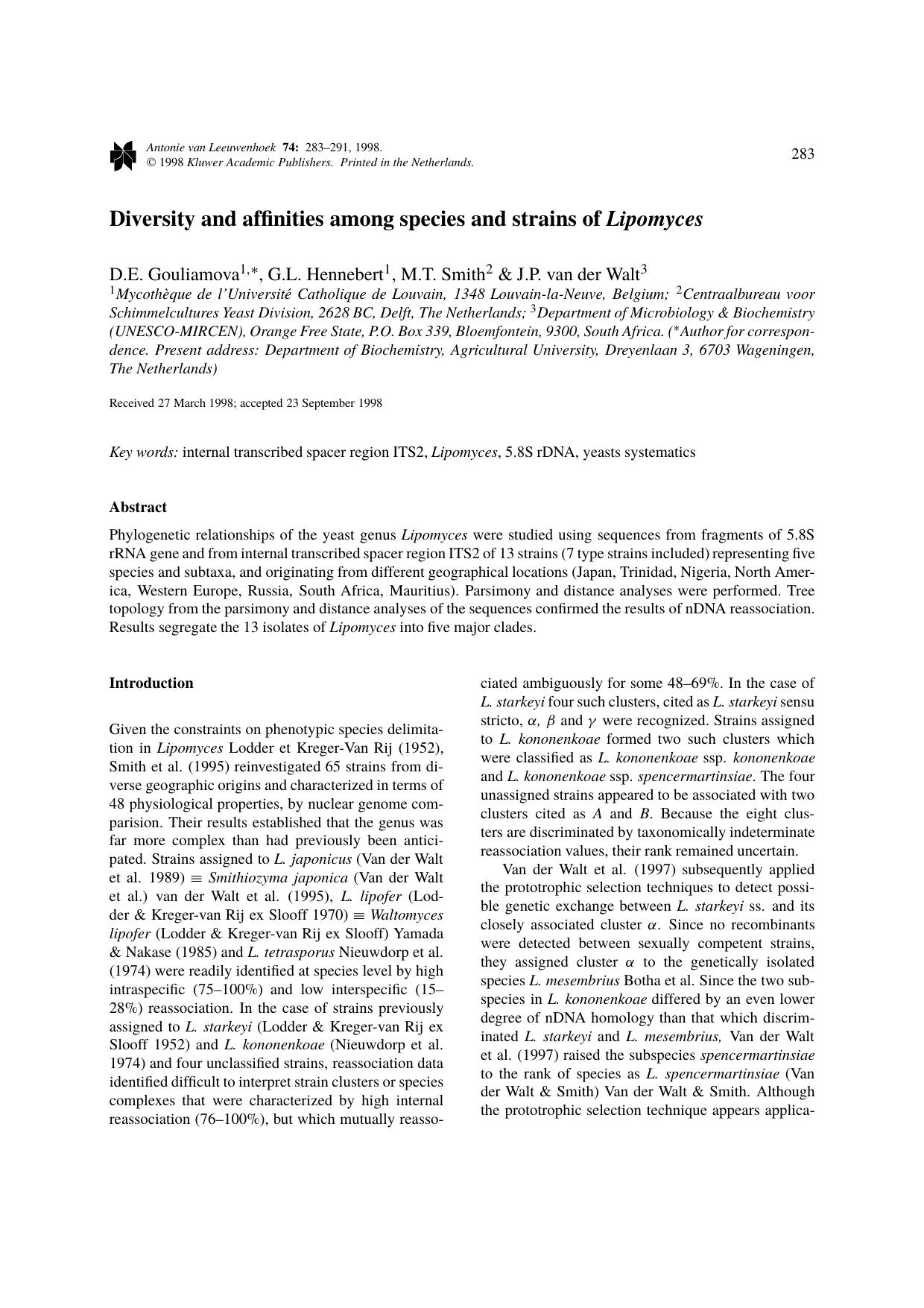Diversity and affinities among species and strains of Lipomyces by Unknown