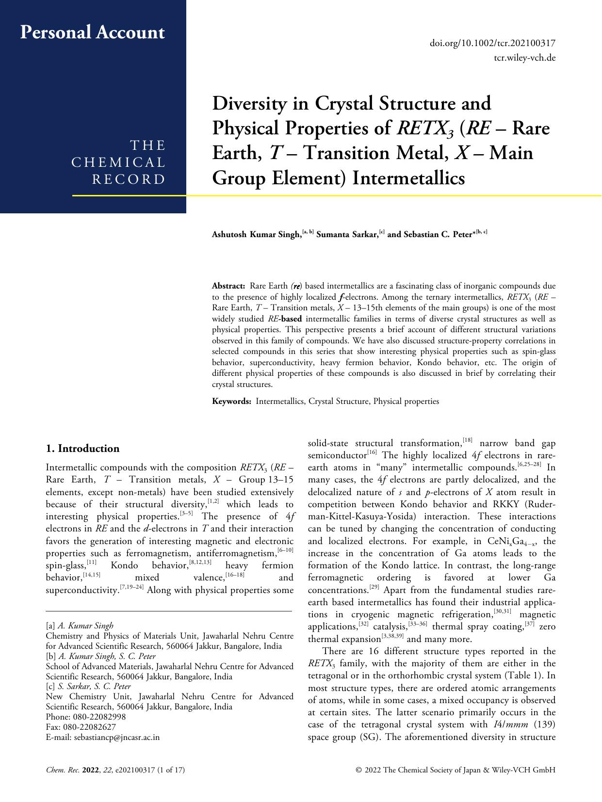Diversity in Crystal Structure and Physical Properties of RETX3 (RE â Rare Earth, T â Transition Metal, X â Main Group Element) Intermetallics by Unknown