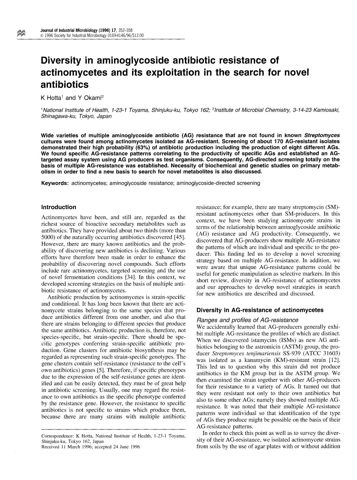 Diversity in aminoglycoside antibiotic resistance of actinomycetes and its exploitation in the search for novel antibiotics by Unknown
