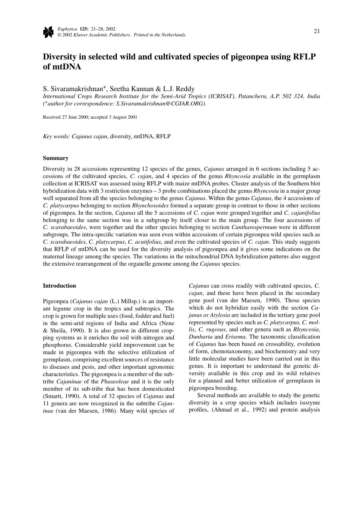 Diversity in selected wild and cultivated species of pigeonpea using RFLP of mtDNA by Unknown