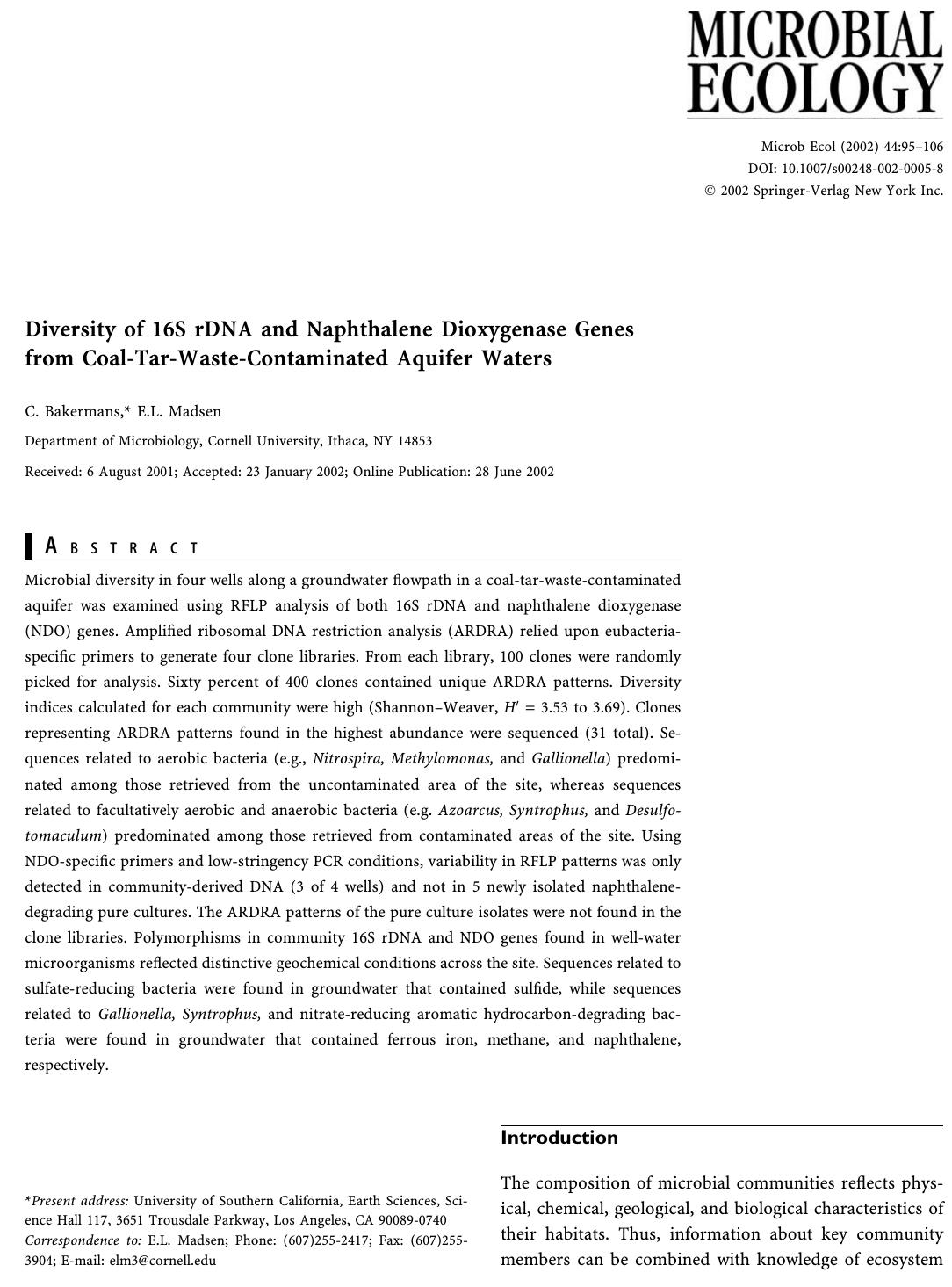 Diversity of 16S rDNA and Naphthalene Dioxygenase Genes from Coal-Tar-Waste-Contaminated Aquifer Waters by Bakermans C. et al
