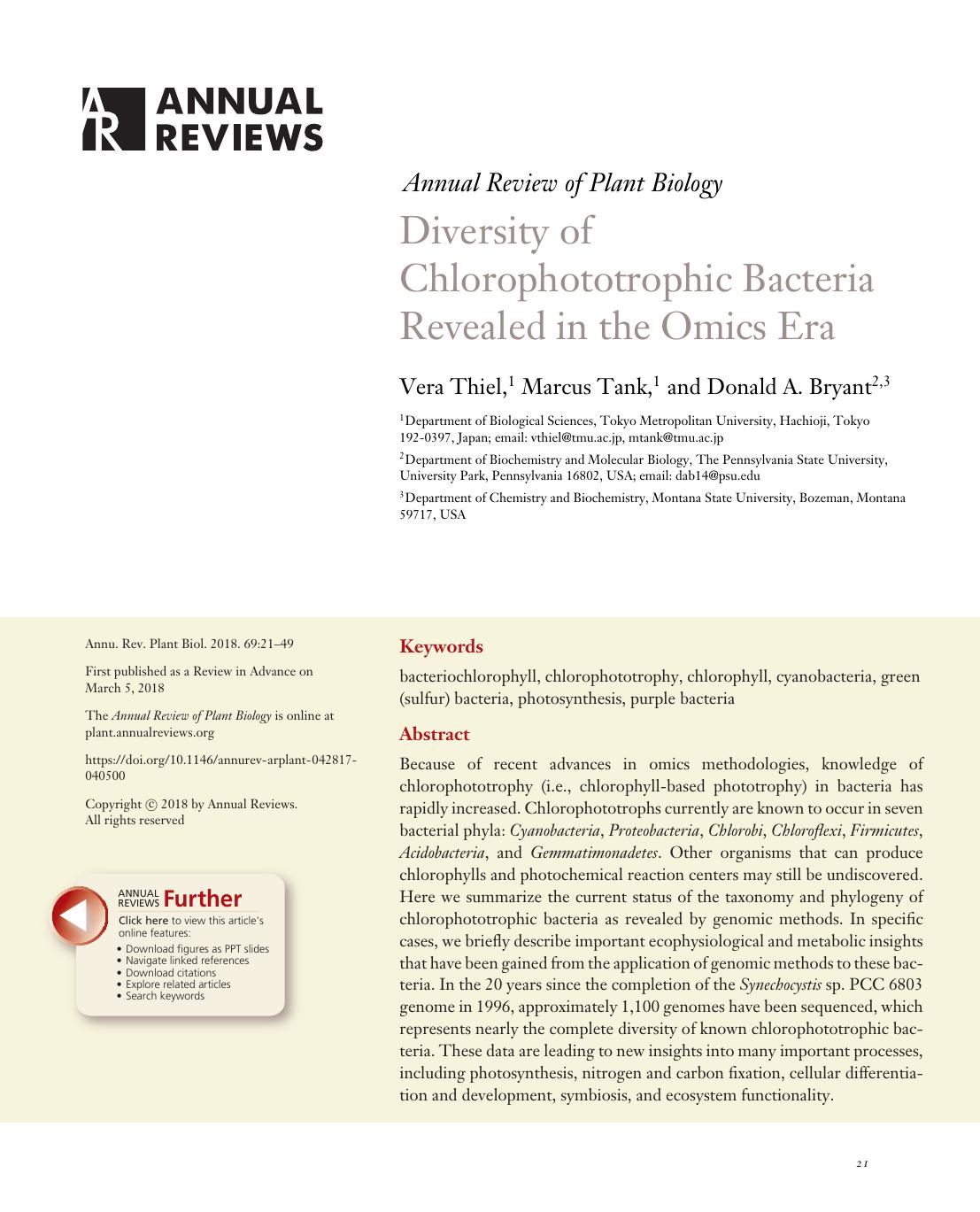 Diversity of Chlorophototrophic Bacteria Revealed in the Omics Era by Vera Thiel Marcus Tank Donald A. Bryant