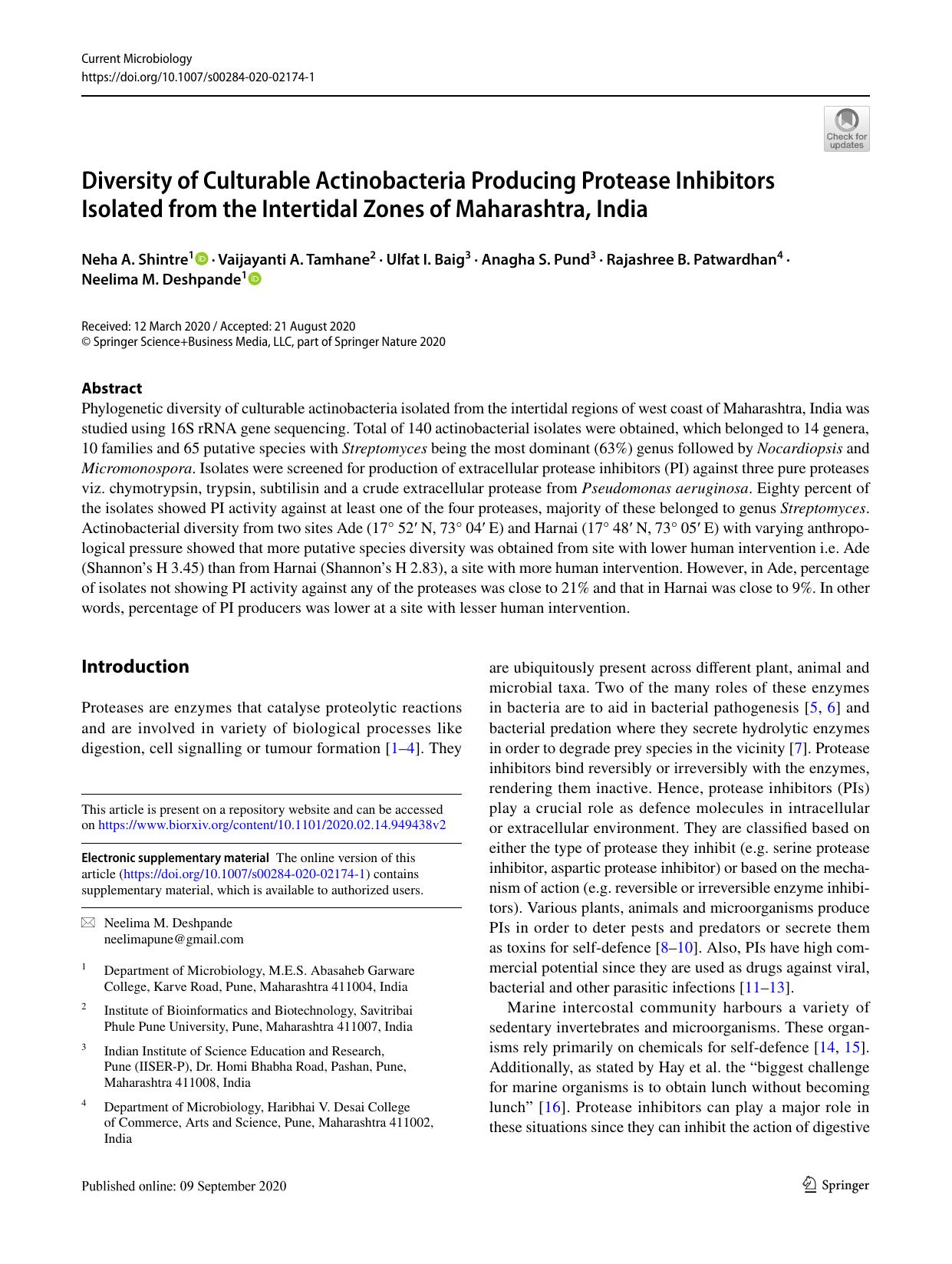 Diversity of Culturable Actinobacteria Producing Protease Inhibitors Isolated from the Intertidal Zones of Maharashtra, India by unknow