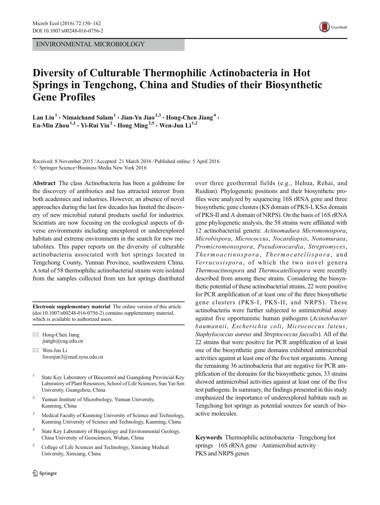 Diversity of Culturable Thermophilic Actinobacteria in Hot Springs in Tengchong, China and Studies of their Biosynthetic Gene Profiles by unknow
